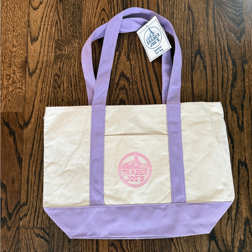 Trader Joe's Pastel Canvas Large Tote Bag Purple Easter Tote NEW
